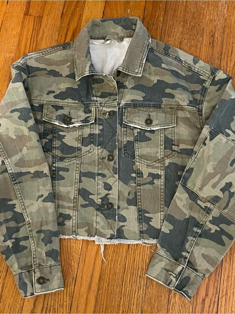 Free People Cropped Distressed Camo Jacket